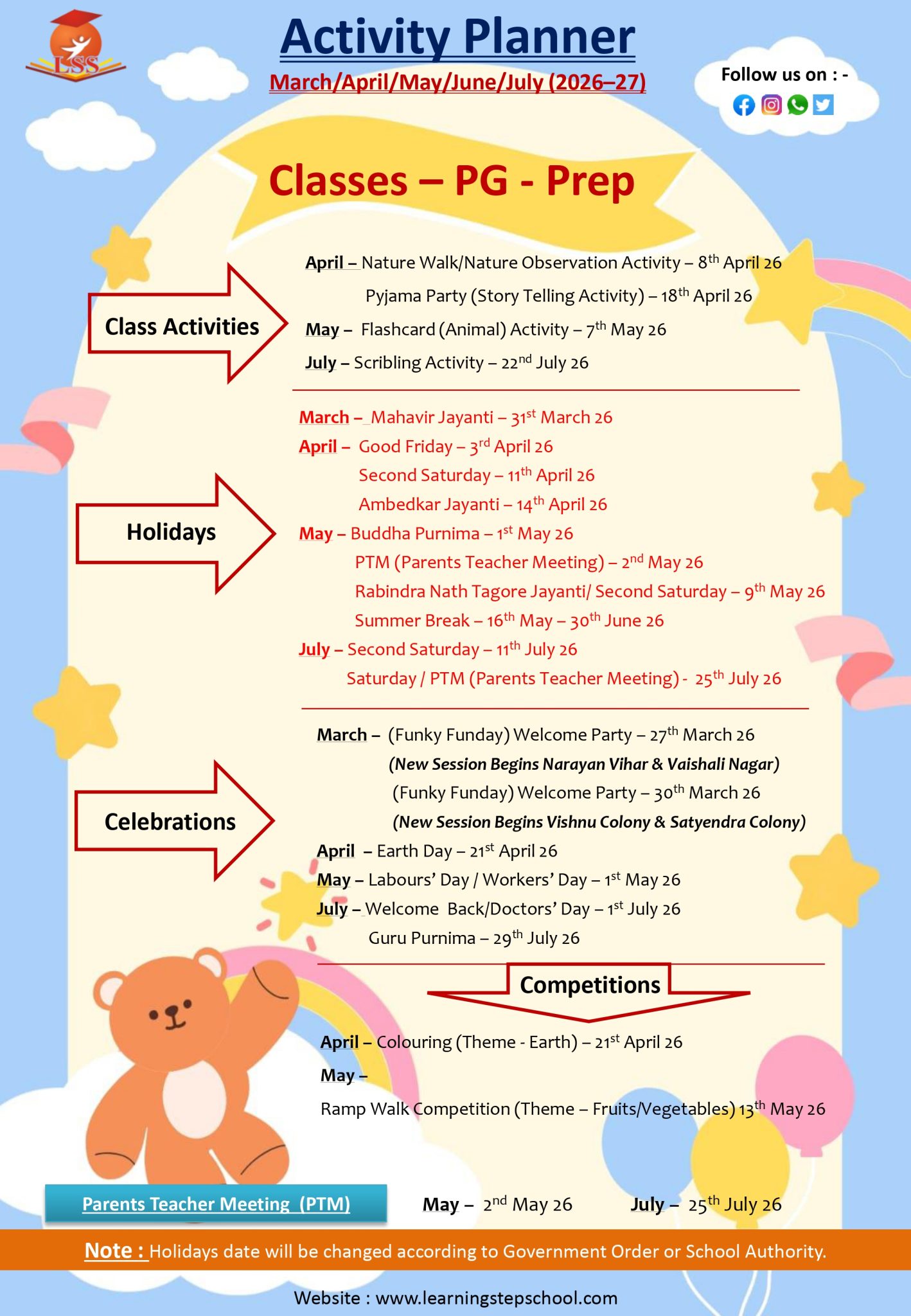 Activity Planner for PG To PREP – Learning Step School Jaipur